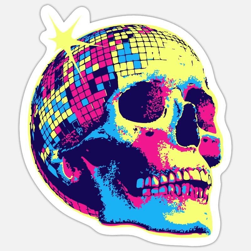 Crâne disco néon - Sticker taille S (10 x 10 cm) - blanc mat