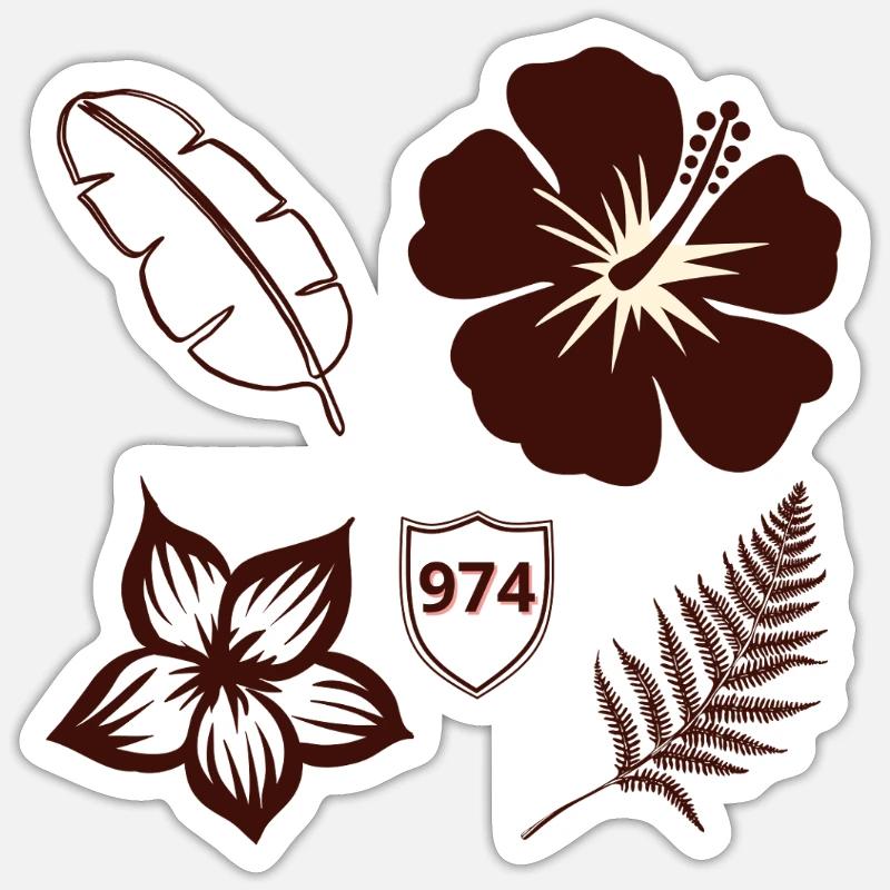 Hibiscus Rétro 974 et Feuillage - Sticker taille S (10 x 10 cm) - blanc mat