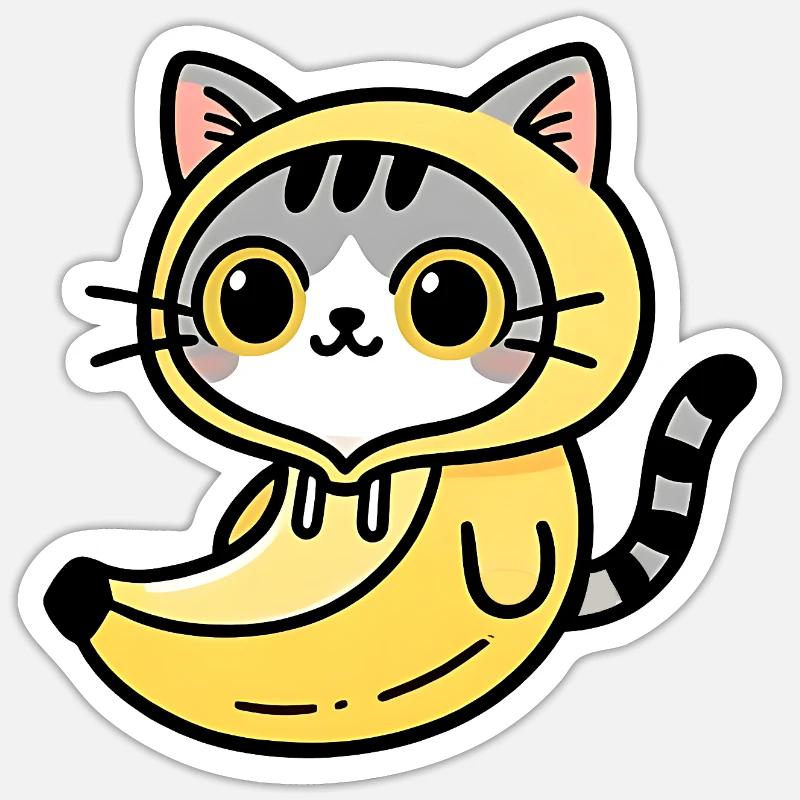 Kawaii Katze im bananengelben Kapuzenpullover - Sticker Größe S (10 x 10 cm) - Mattweiß