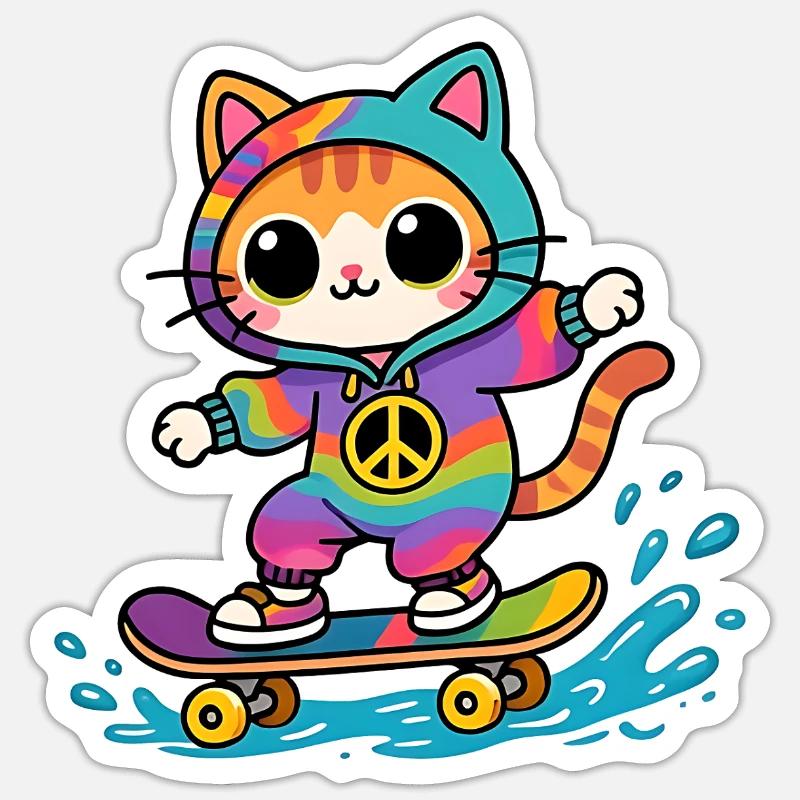 Chat multicolore skateboard Sticker taille S (10 x 10 cm)