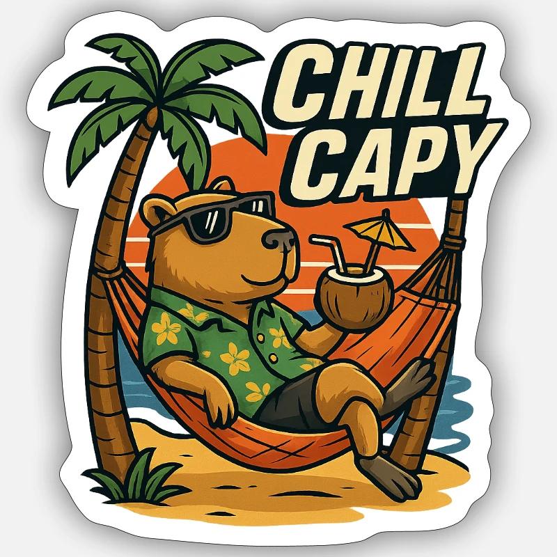 Chill Capy – Capybara de plage - Sticker taille S (10 x 10 cm) - blanc mat