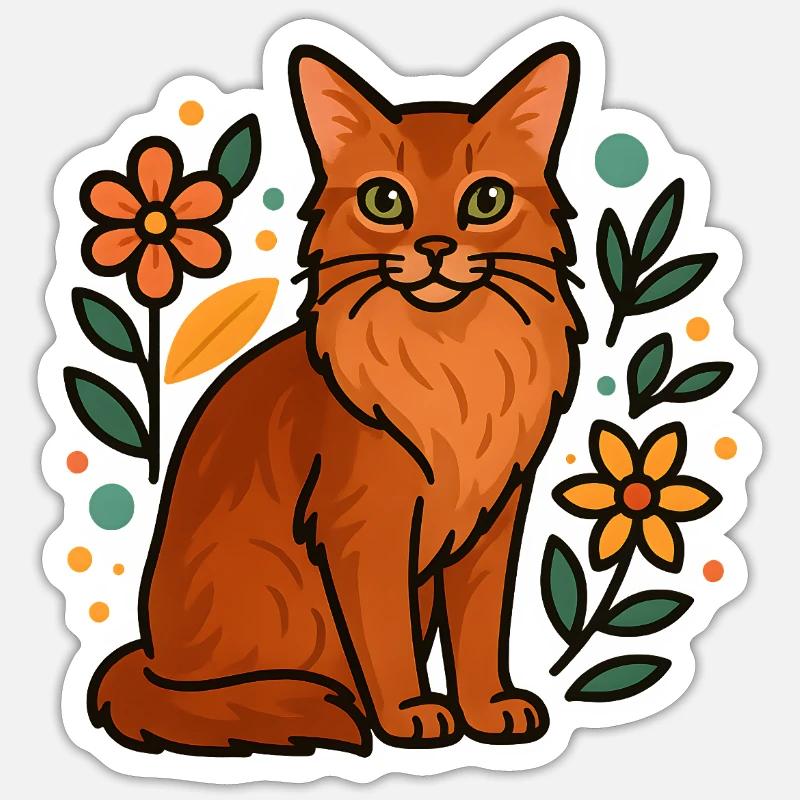 Chat somalien et fleurs - Sticker taille S (10 x 10 cm) - blanc mat