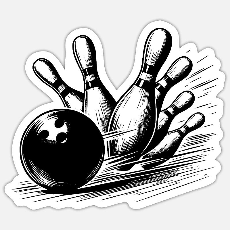 Dynamischer Bowlingkugel Wurf auf Pins - Sticker Größe S (10 x 10 cm) - Mattweiß
