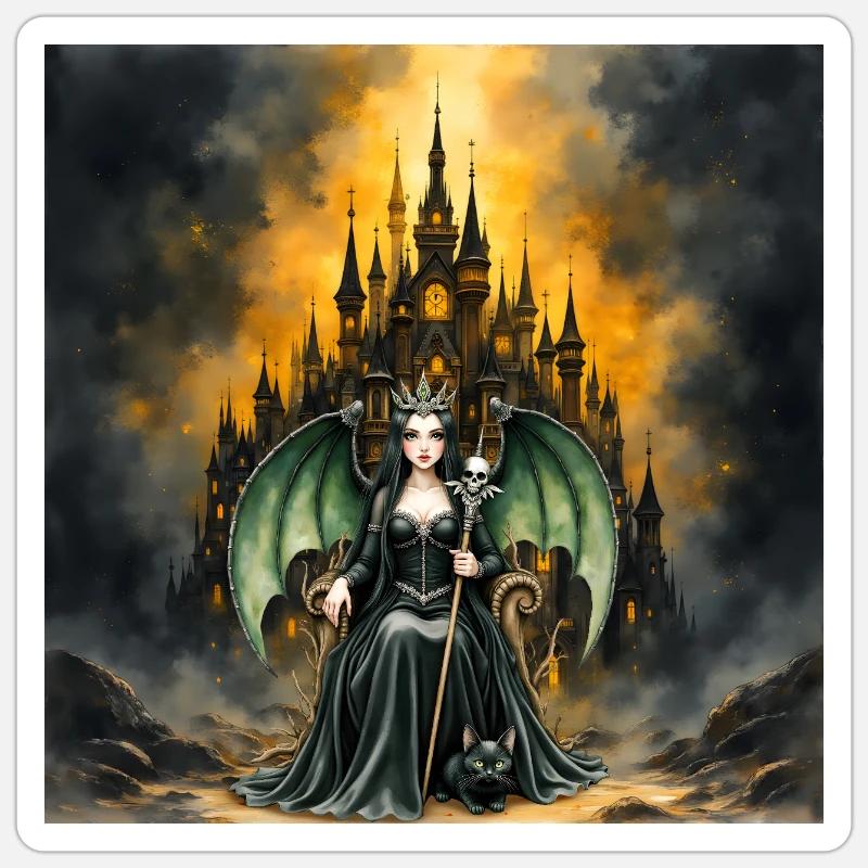 Winged sorceress before castle - Sticker size S (10 x 10 cm) - white matte