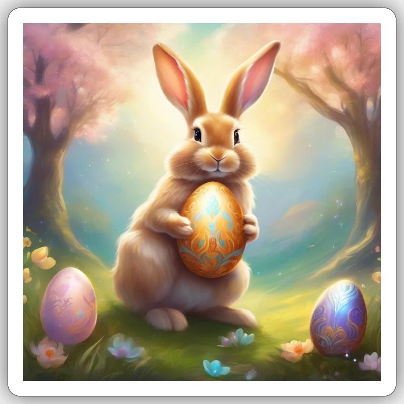 Spring bunny with gold Easter egg Sticker size S (10 x 10 cm)
