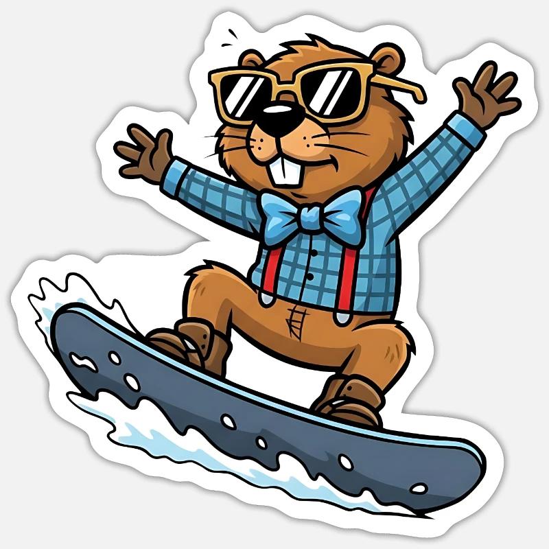 Cool Snowboard Beaver Comic Sunglasses - Sticker size S (10 x 10 cm) - white matte