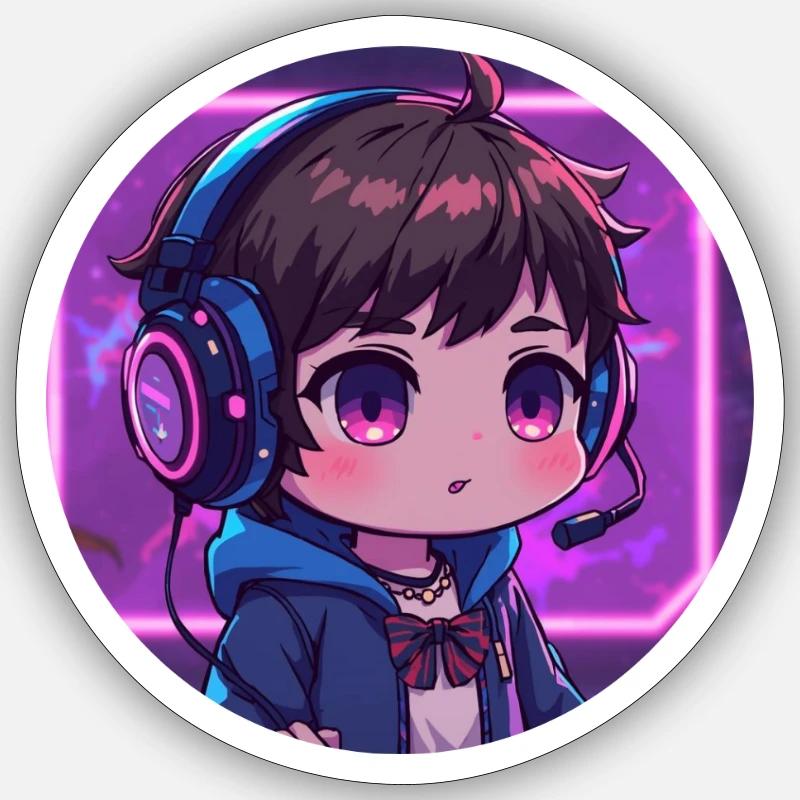 Chibi de jeu Neon avec casque Sticker taille S (10 x 10 cm)