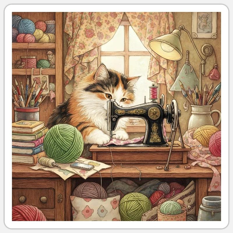 Cat Studio Sewing Machine Cuddling Sticker size S (10 x 10 cm)
