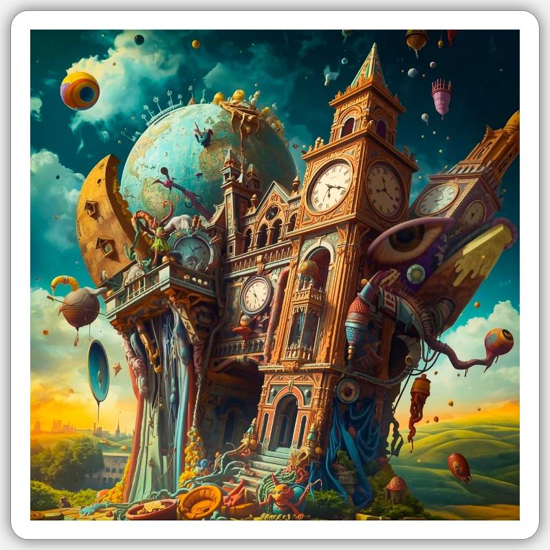 Surreal clock tower and globe Sticker size S (10 x 10 cm)