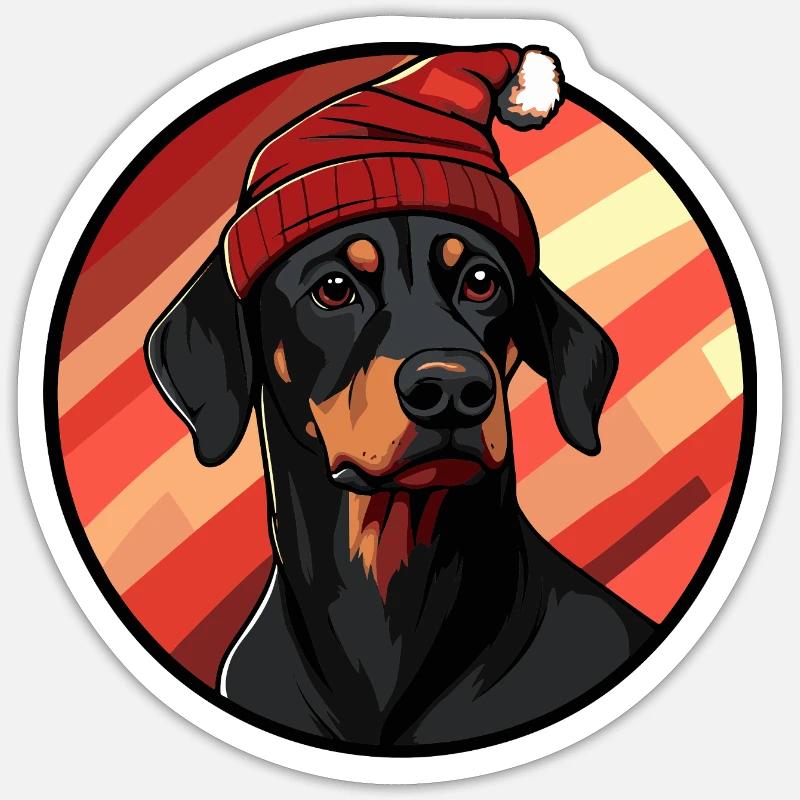 Dobermann mit Weihnachtsmütze - Sticker Größe S (10 x 10 cm) - Mattweiß