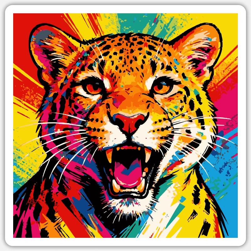Leopard Pop Art Farbexplosion - Sticker Größe S (10 x 10 cm) - Mattweiß