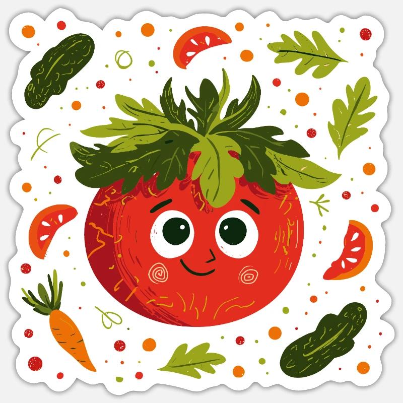 Fröhliche Tomate mit Kräuterkrone Sticker Größe S (10 x 10 cm)