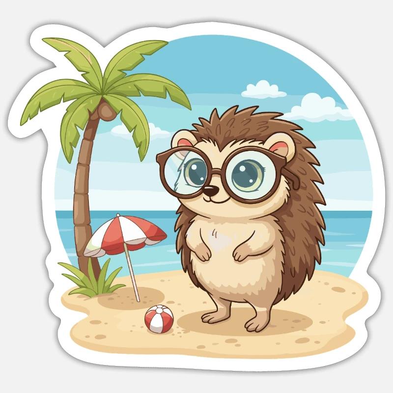 Süßer Igel mit Brille Strand-Sommerurlaub - Sticker Größe S (10 x 10 cm) - Mattweiß