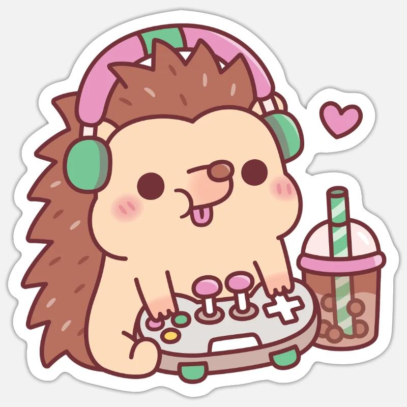 Süßer Igel Mit Gamecontroller Und Boba Tee - Sticker Größe S (10 x 10 cm) - Mattweiß