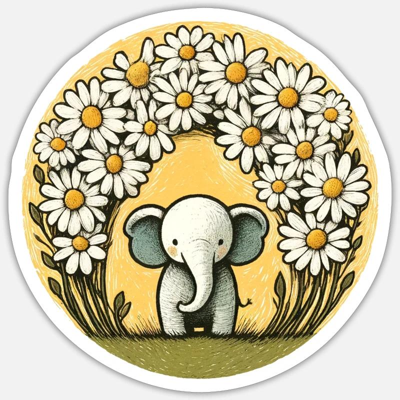 Elephant in Daisy Ring - Sticker size S (10 x 10 cm) - white matte