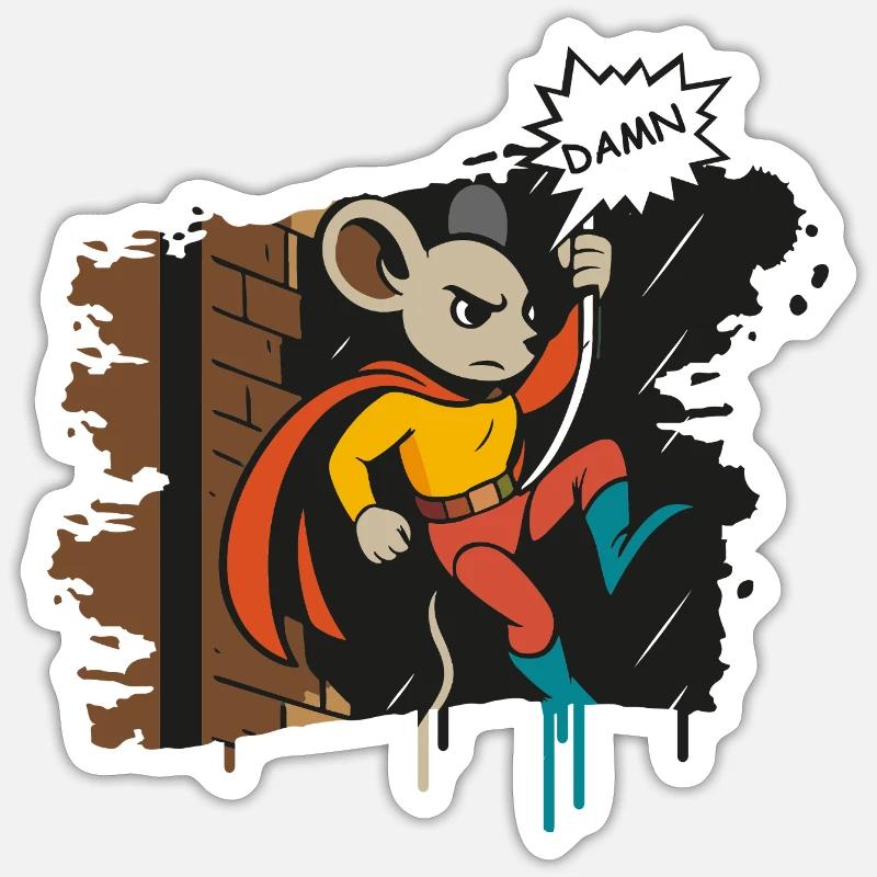 Superhelden Maus am Seil Comic Cartoon - Sticker Größe S (10 x 10 cm) - Mattweiß
