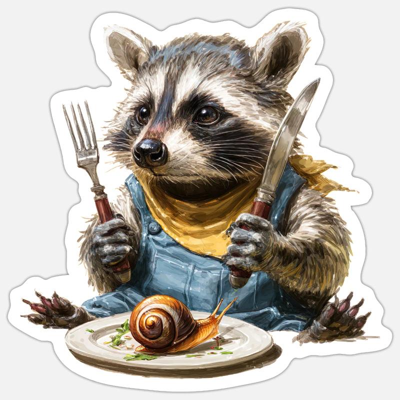 Waschbär-Küchenchef mit Gabel und Messer - Sticker Größe S (10 x 10 cm) - Mattweiß