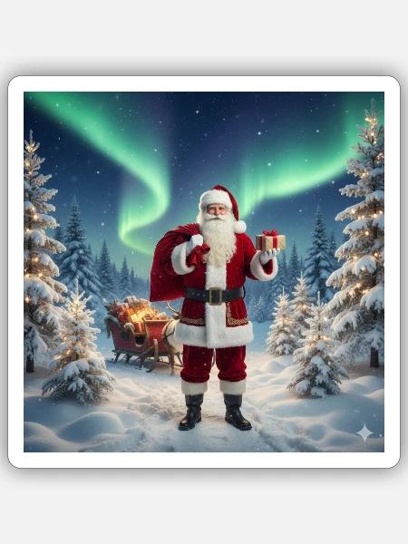 Nordlicht Santa im Winterwald - Sticker Größe S (10 x 10 cm) - Mattweiß