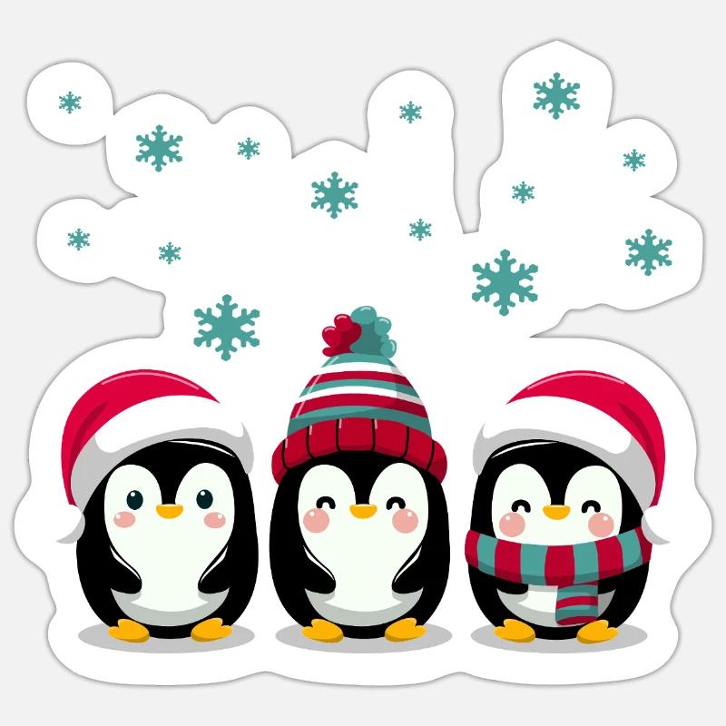 Trois manchots avec des chapeaux de Noël - Sticker taille S (10 x 10 cm) - blanc mat