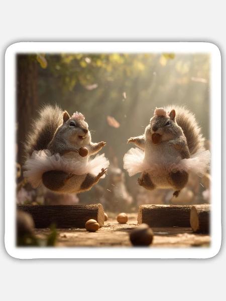 Tanzende Eichhörnchen im Tutu mit Eicheln - Sticker Größe S (10 x 10 cm) - Mattweiß