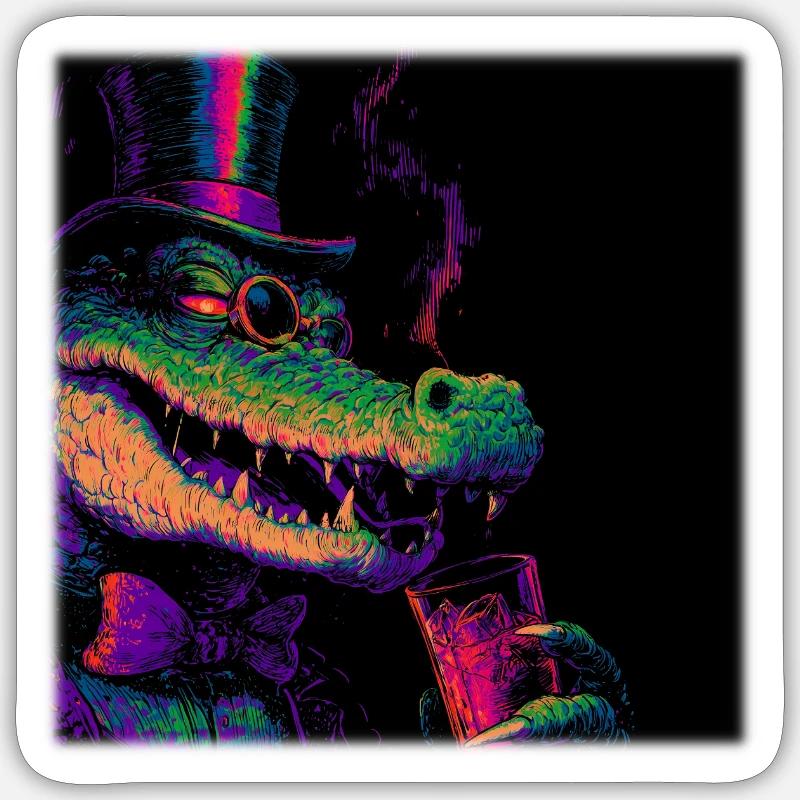 Crocodile néon avec haut-de-forme et boisson Sticker taille S (10 x 10 cm)
