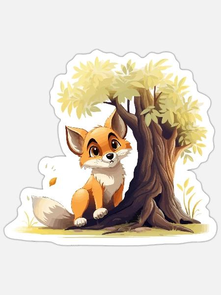 Waldfuchs am goldenen Baum - Sticker Größe S (10 x 10 cm) - Mattweiß