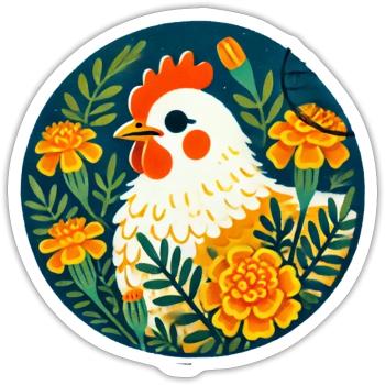Une poule ensoleillée parmi des fleurs audacieuses - Sticker taille S (10 x 10 cm) - blanc mat - Devant