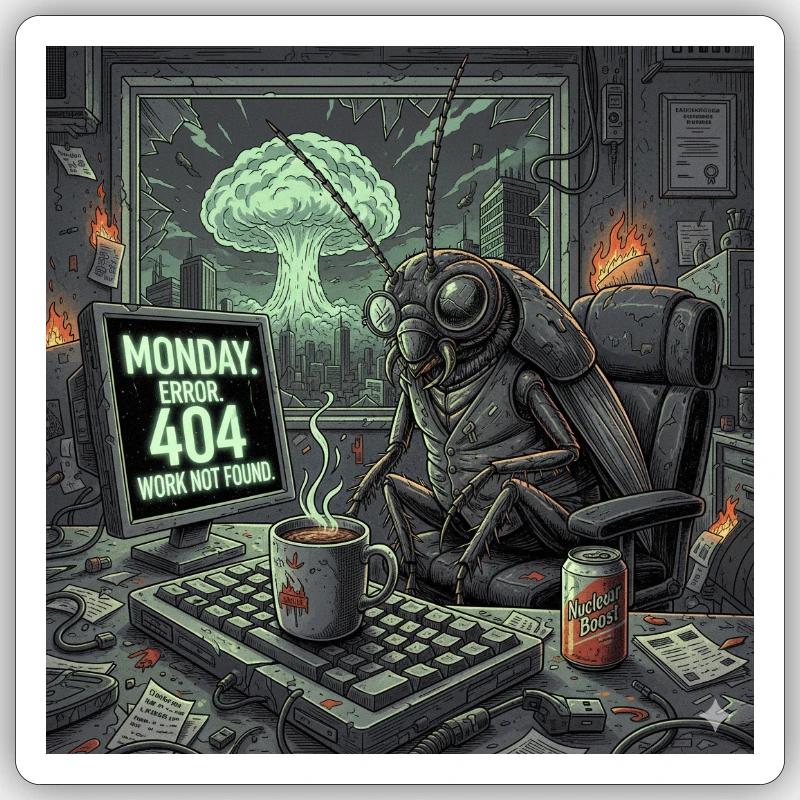 Post-Apocalyptic Monday - Roach Office Crisis - Sticker size S (10 x 10 cm) - white matte