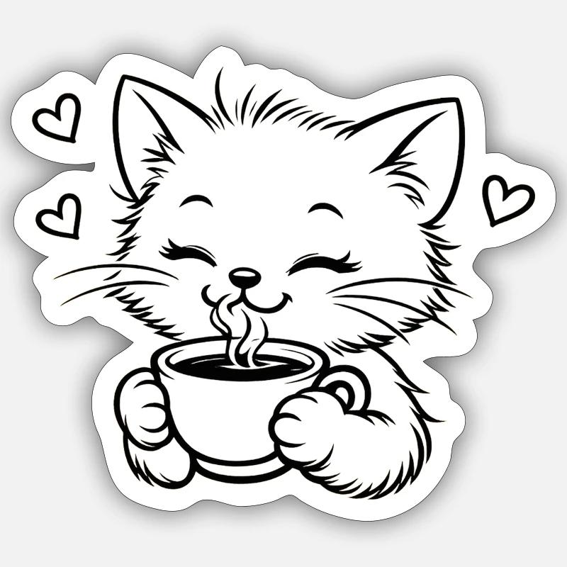 Kitten drinks coffee cuddle magic - Sticker size S (10 x 10 cm) - white matte