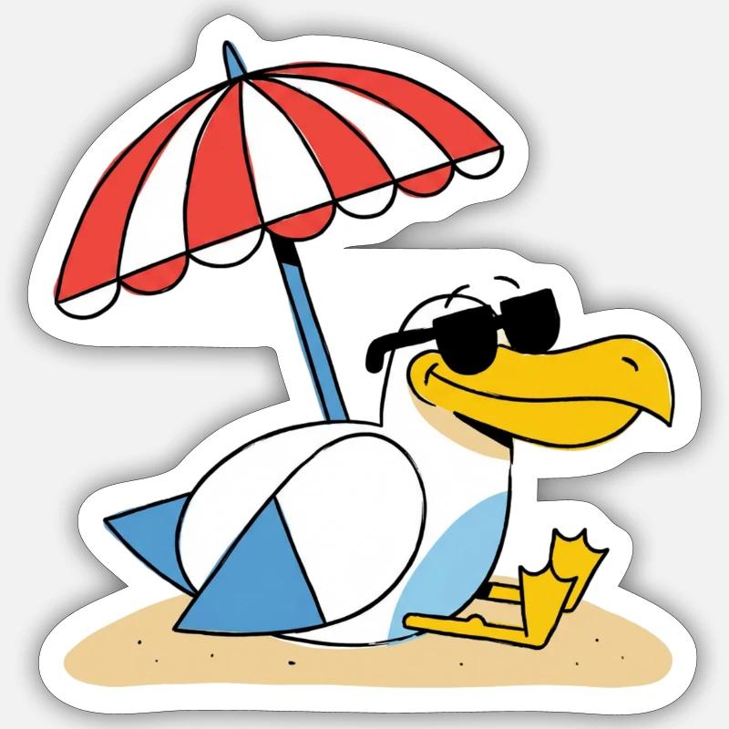 Sonniges Strand-Möwe mit Schirm - Sticker Größe S (10 x 10 cm) - Mattweiß