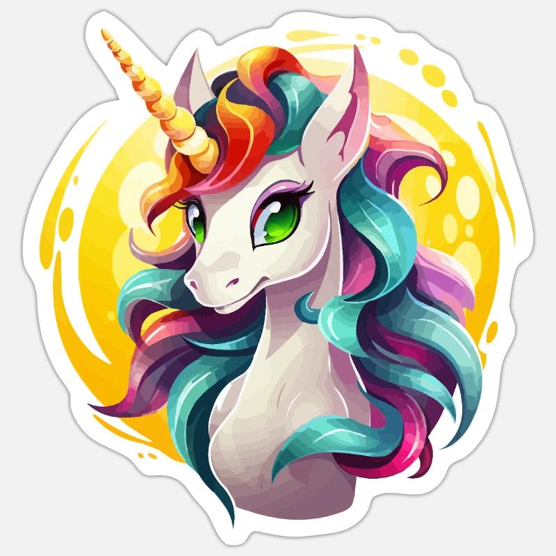 Regenbogenunicorn in Sonnencircle - Sticker Größe S (10 x 10 cm) - Mattweiß