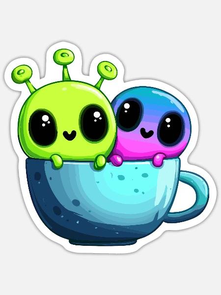 Kleines Alien-Paar in der Teetasse - Sticker Größe S (10 x 10 cm) - Mattweiß
