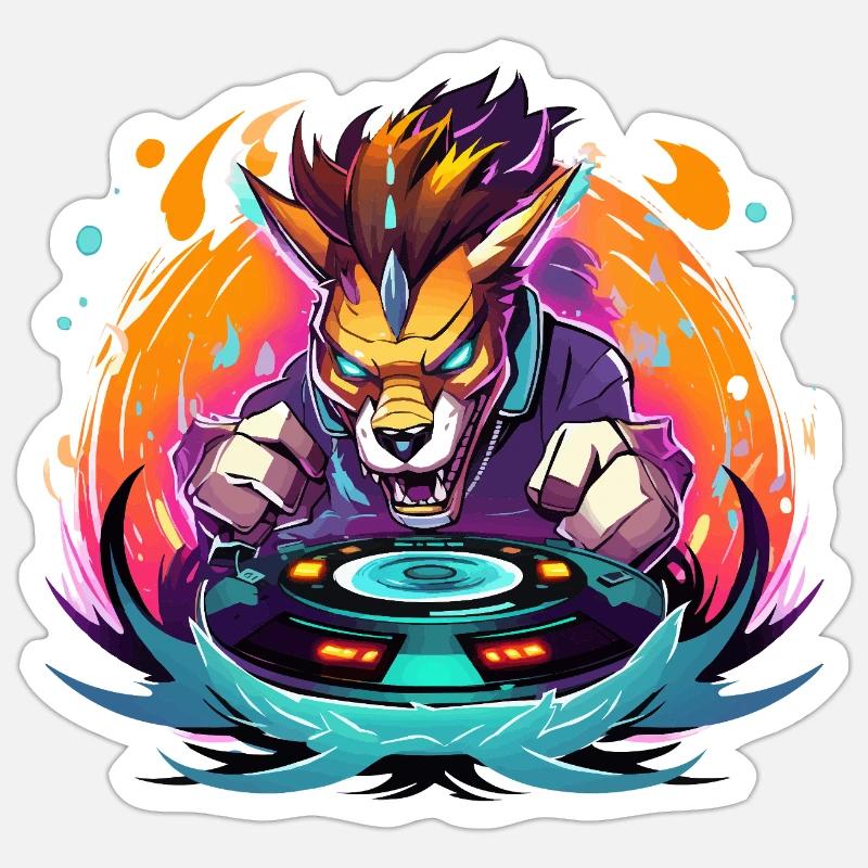 Wolf DJ Neon Fire - Sticker size S (10 x 10 cm) - white matte