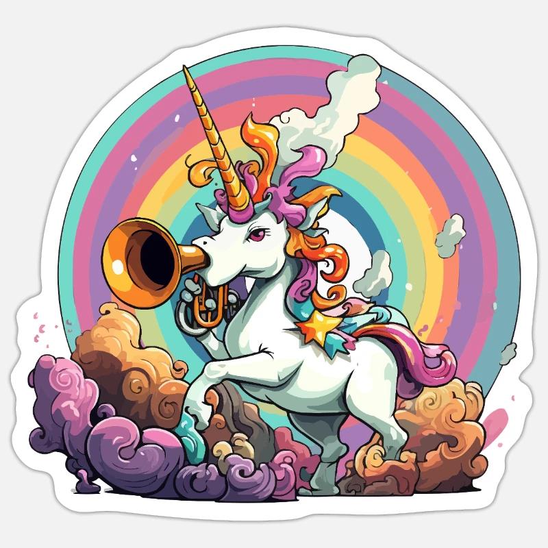 Regenbogen-Unicorn mit Trompete - Sticker Größe S (10 x 10 cm) - Mattweiß