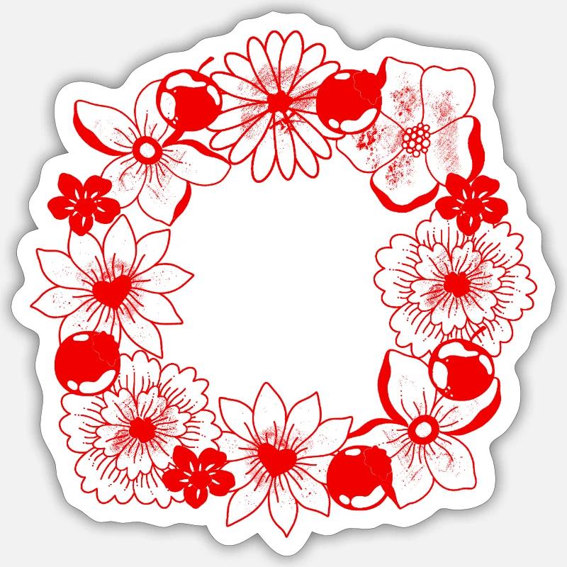 Red flower circle frame - Sticker size S (10 x 10 cm) - white matte