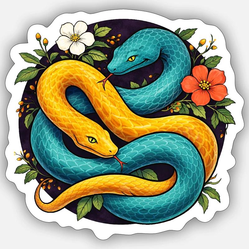 Two Python Snakes in Flower Ring Sticker size S (10 x 10 cm)