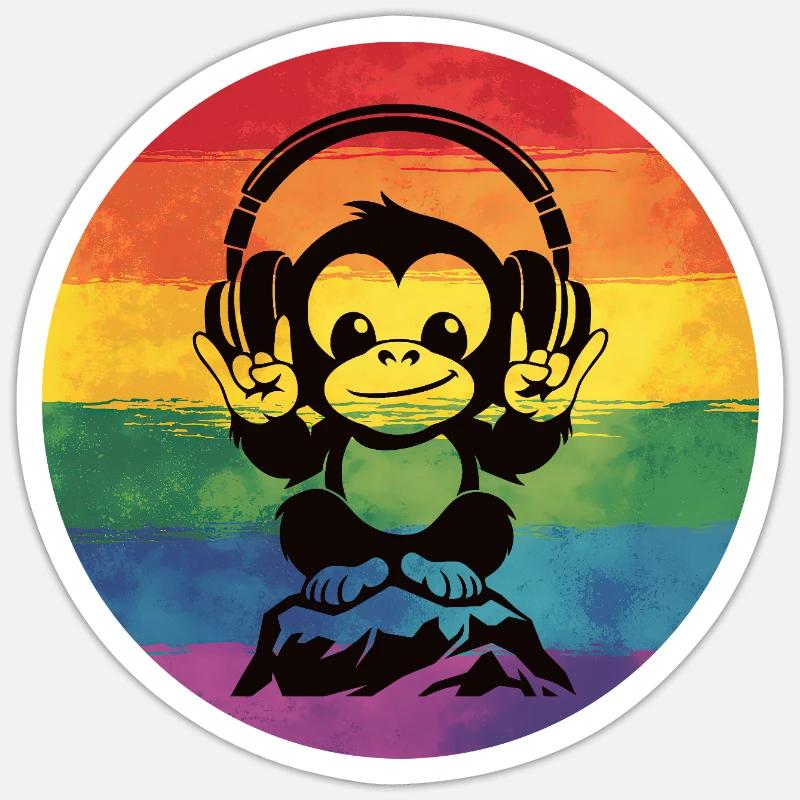 Regenbogen DJ Affe – Kopfhörer Rockhandzeichen - Sticker Größe S (10 x 10 cm) - Mattweiß