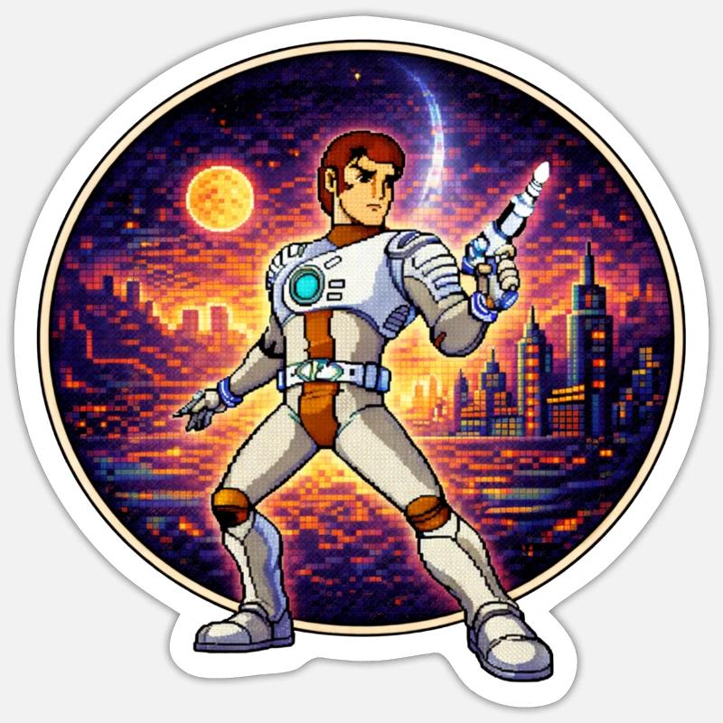 Pixel Captain – Retro Sci-Fi Hero Sticker Größe S (10 x 10 cm)