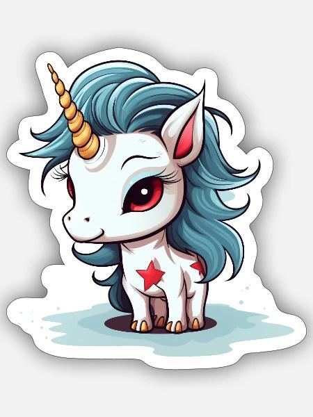 Blauhaariges Einhorn mit Sternen - Sticker Größe S (10 x 10 cm) - Mattweiß