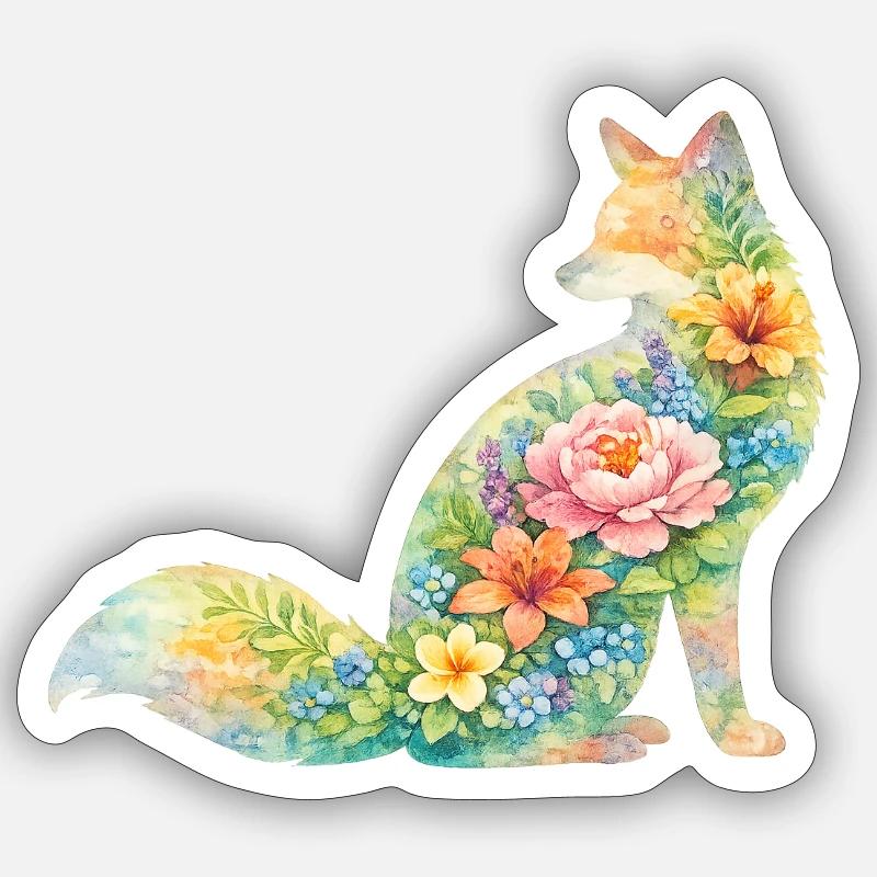 Fuchs Aquarell Silhouette Blumen - Sticker Größe S (10 x 10 cm) - Mattweiß