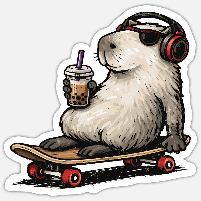 Capybara Skateboard Bubble Tea - Sticker taille S (10 x 10 cm) - blanc mat