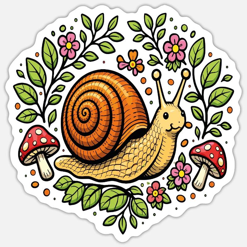 Escargot mignon fleurs et champignons - Sticker taille S (10 x 10 cm) - blanc mat