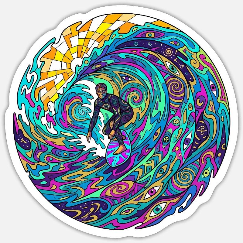 Vague de surf psychédélique Sticker taille S (10 x 10 cm)