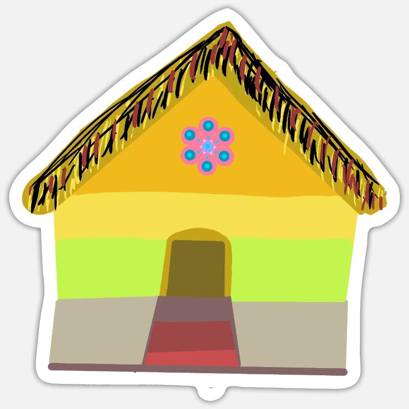 Buntes Dorfhaus mit Strohdach - Sticker Größe S (10 x 10 cm) - Mattweiß