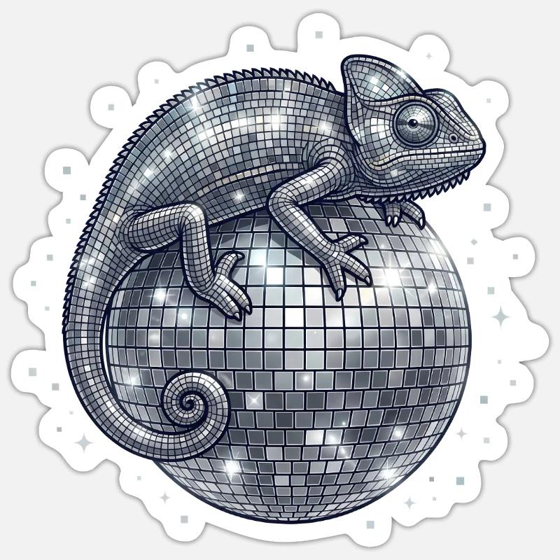 Caméléon sur la boule disco - Sticker taille S (10 x 10 cm) - blanc mat
