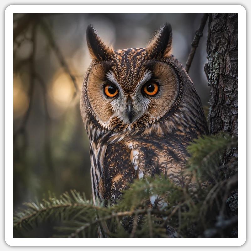 Hibou dans le brouillard forestier - Sticker taille S (10 x 10 cm) - blanc mat