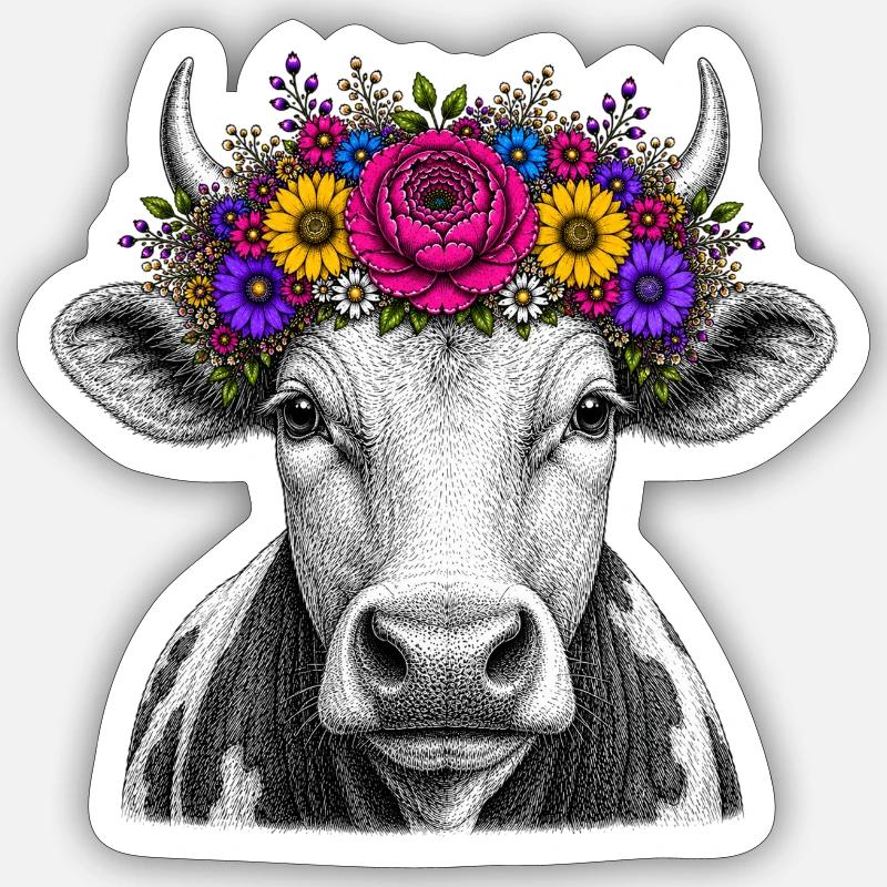 Kuh mit Blumenkrone - Sticker Größe S (10 x 10 cm) - Mattweiß