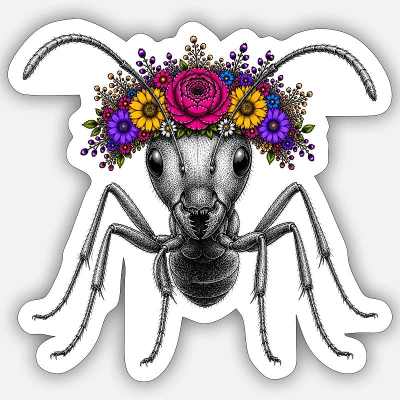 Fourmi couronne fleurie - fourmi - Sticker taille S (10 x 10 cm) - blanc mat