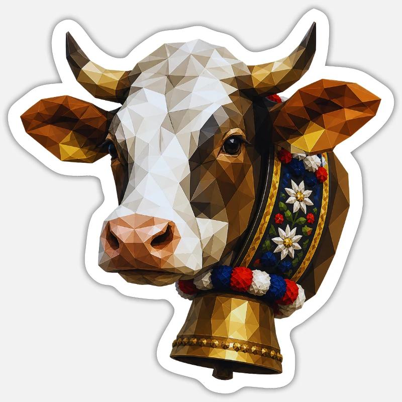 Kuh Polygon Glocke Blumenkranz - Sticker Größe S (10 x 10 cm) - Mattweiß