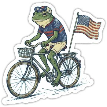  Funny Frog Riding Bicycle with American Flag - Sticker Größe S (10 x 10 cm) - Mattweiß - Vorne